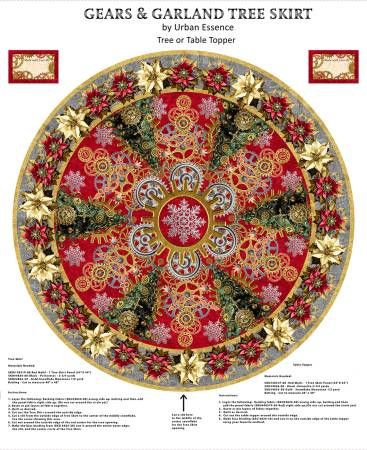 Panel: Gears &amp; Garland Red Steampunk Christmas Skirt 54" Blank Quilting Cotton