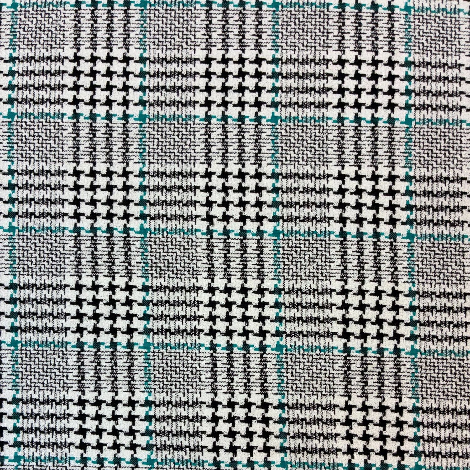 Premium Worsted Wool Blend Suiting Houndstooth Plaid White Black Aqua 60"