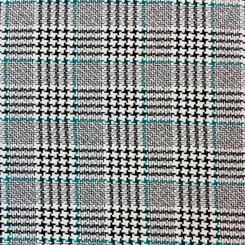 Premium Worsted Wool Blend Suiting Houndstooth Plaid White Black Aqua 60"