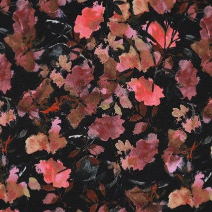 Pink Floral on Black Background Verhees Fabrics
