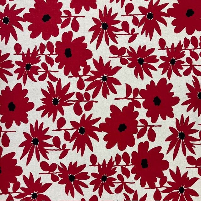 Red Floral on Natural 85% Cotton/ 15% Linen Canvas fabric