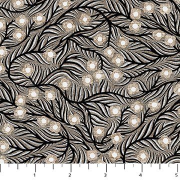 Rhythm and Leaves Trellis Black Cotton Linen Figo Canvas Fabric