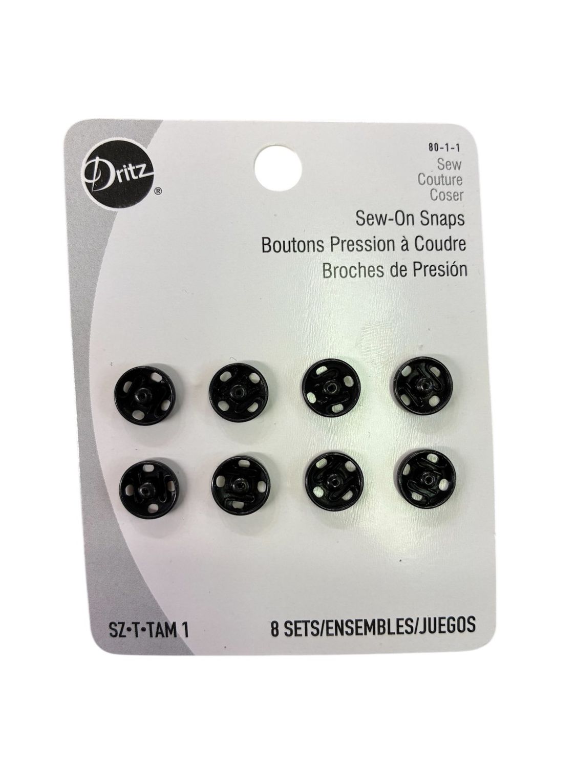 Sew-On Snaps Black 8 ct 3/8"