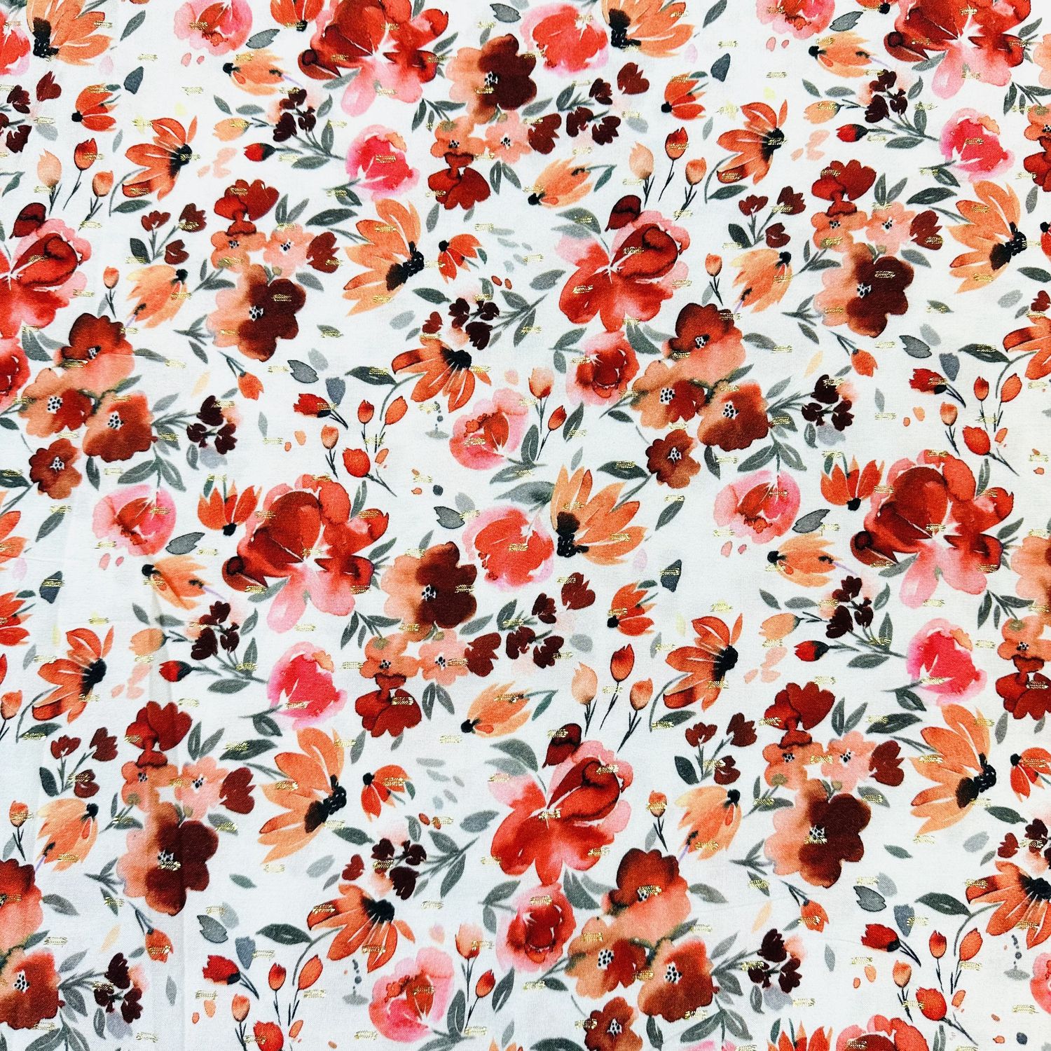 Viscose Lurex- Red Flowers on White background Dress weight Verhees