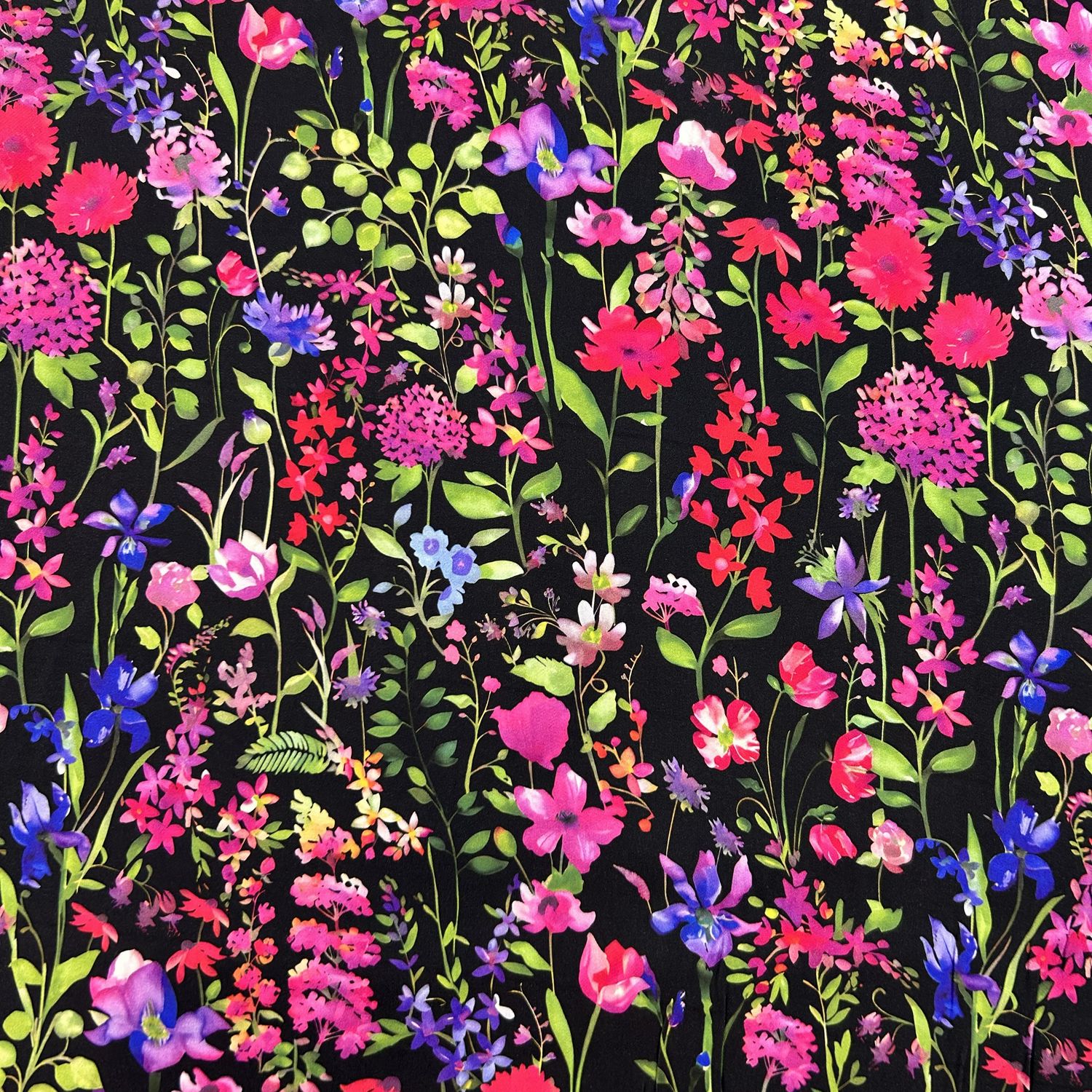 Viscose Satin- Bright Flowers on Black background Dress weight Verhees