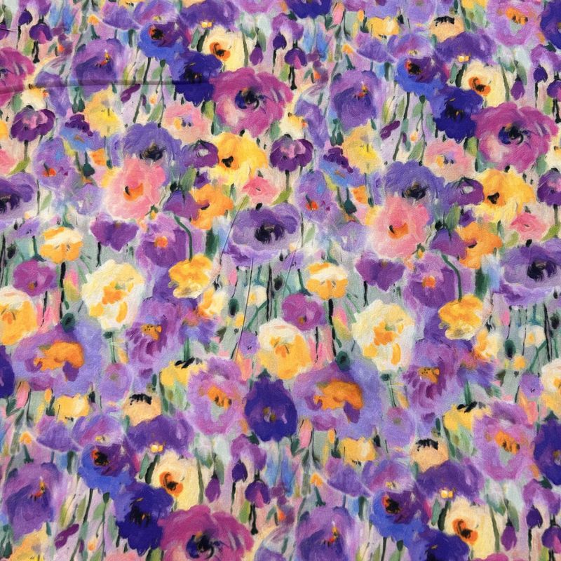 Viscose Satin Purple &amp; Yellow Flowers Dress weight Verhees