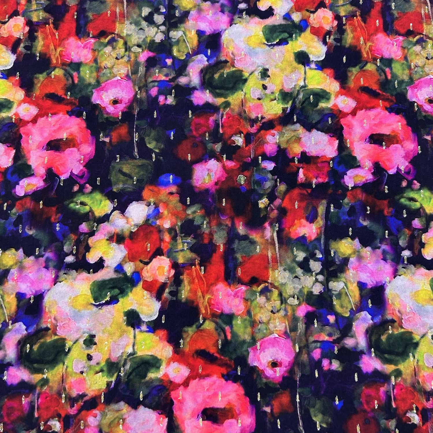 Viscose Lurex- Abstract Bright flowers Black Background Dress weight Verhees