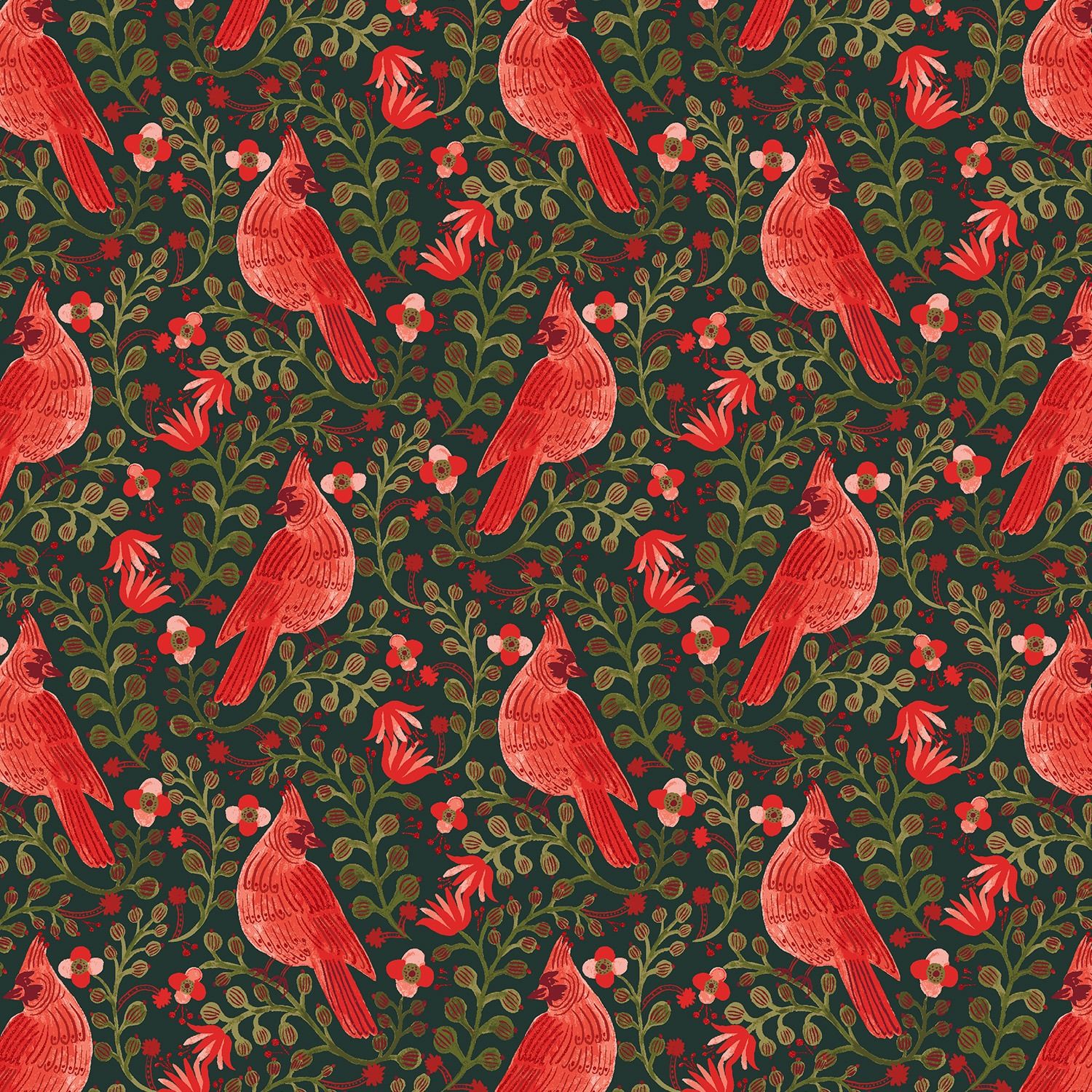 Holiday Classics Cardinals Evergreen Metallic Cotton + Steel Rifle Paper Co