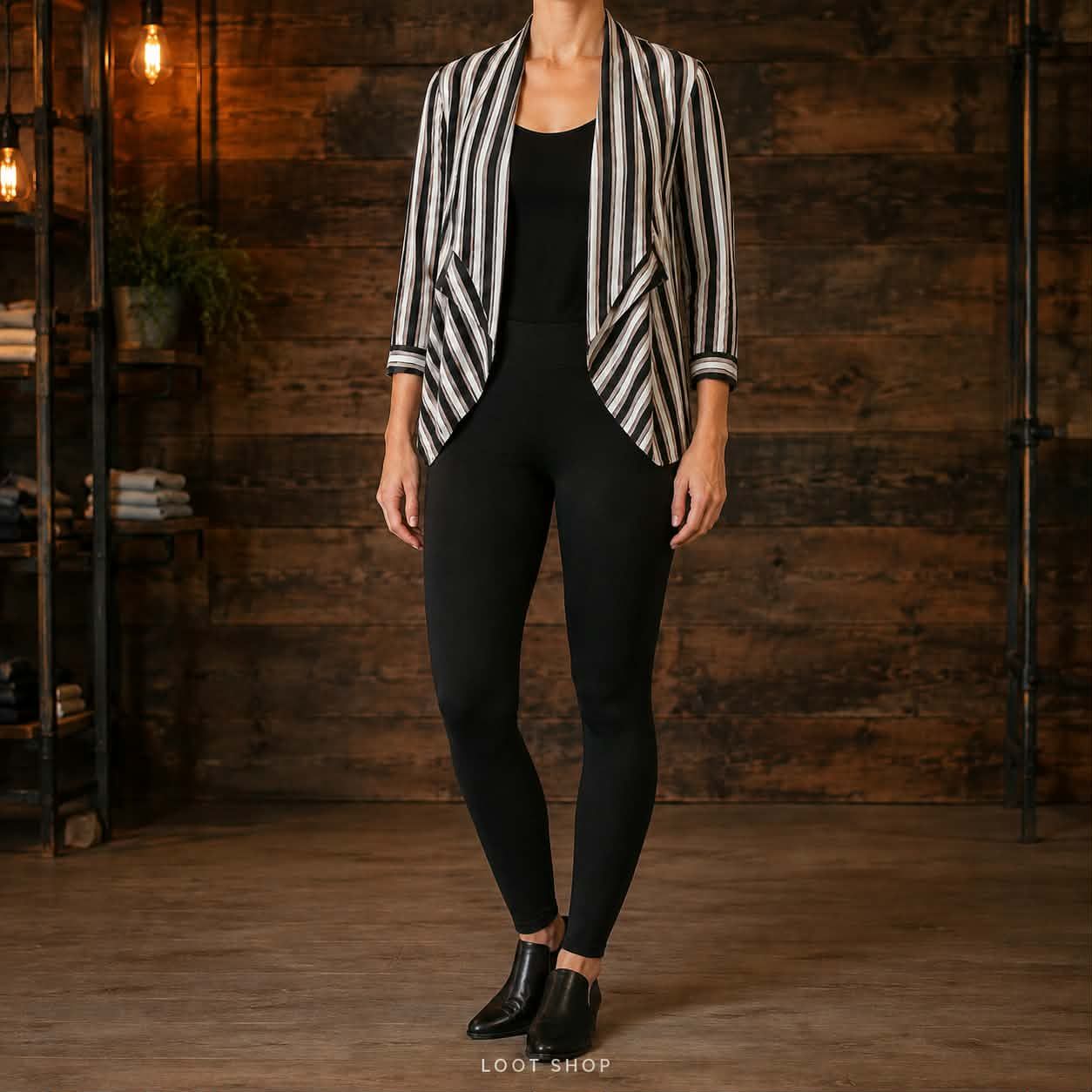 Duo chic décontracté | Par-dessus rayé et leggings noirs | Femme | Small