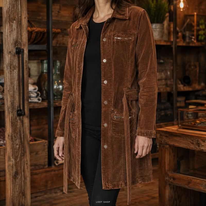 Manteau long brun en velours côtelé – Femme S