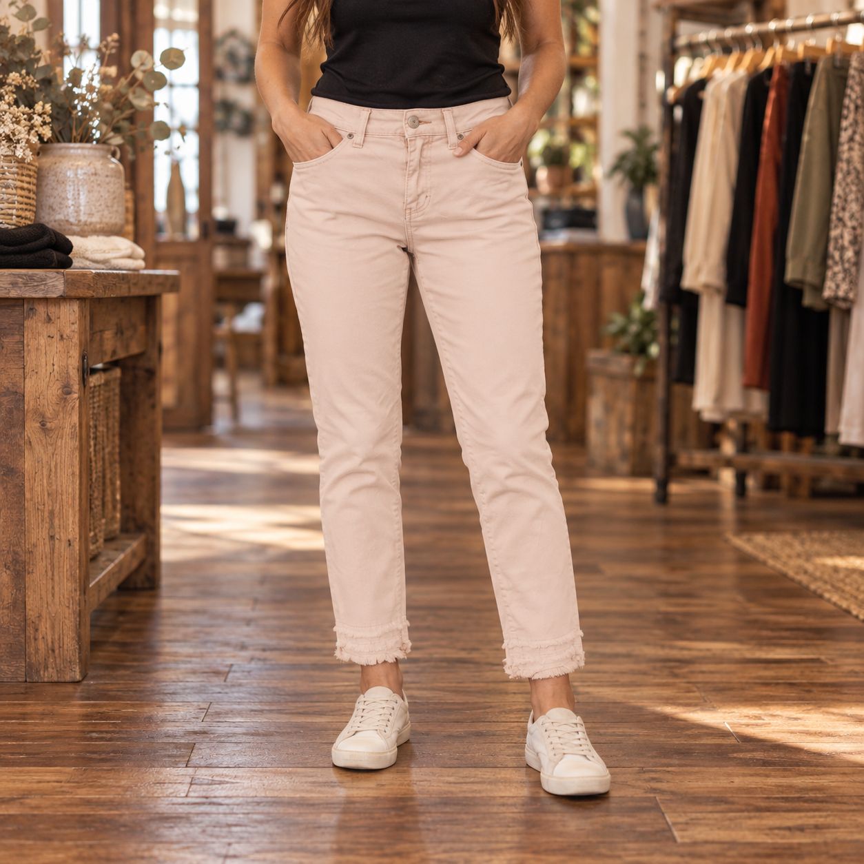 Pantalon denim beige rosé à bas effilochés Charlie B | Femme | 4