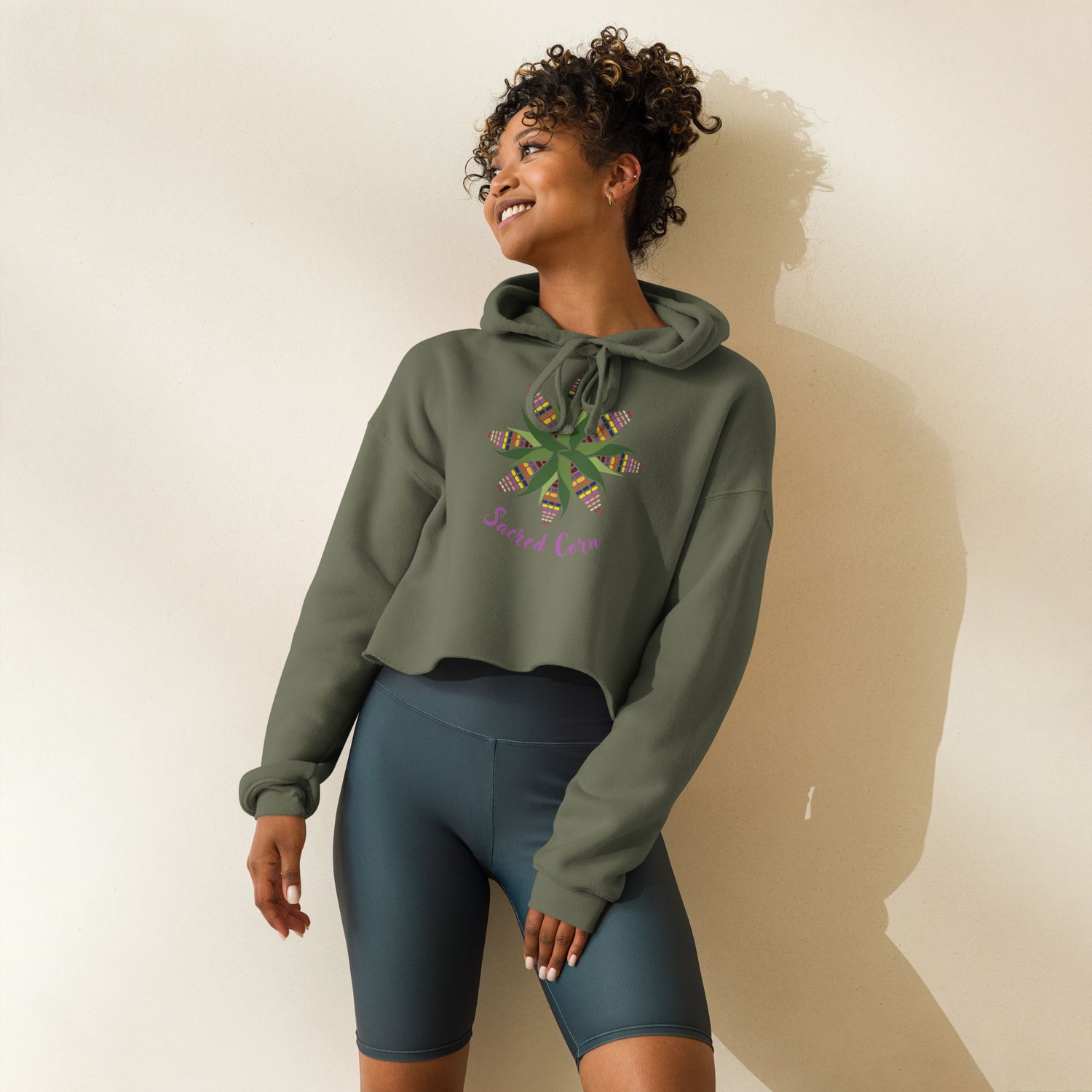 Sacred Corn, Rainbow Corn Mandala Cropped Hoodie
