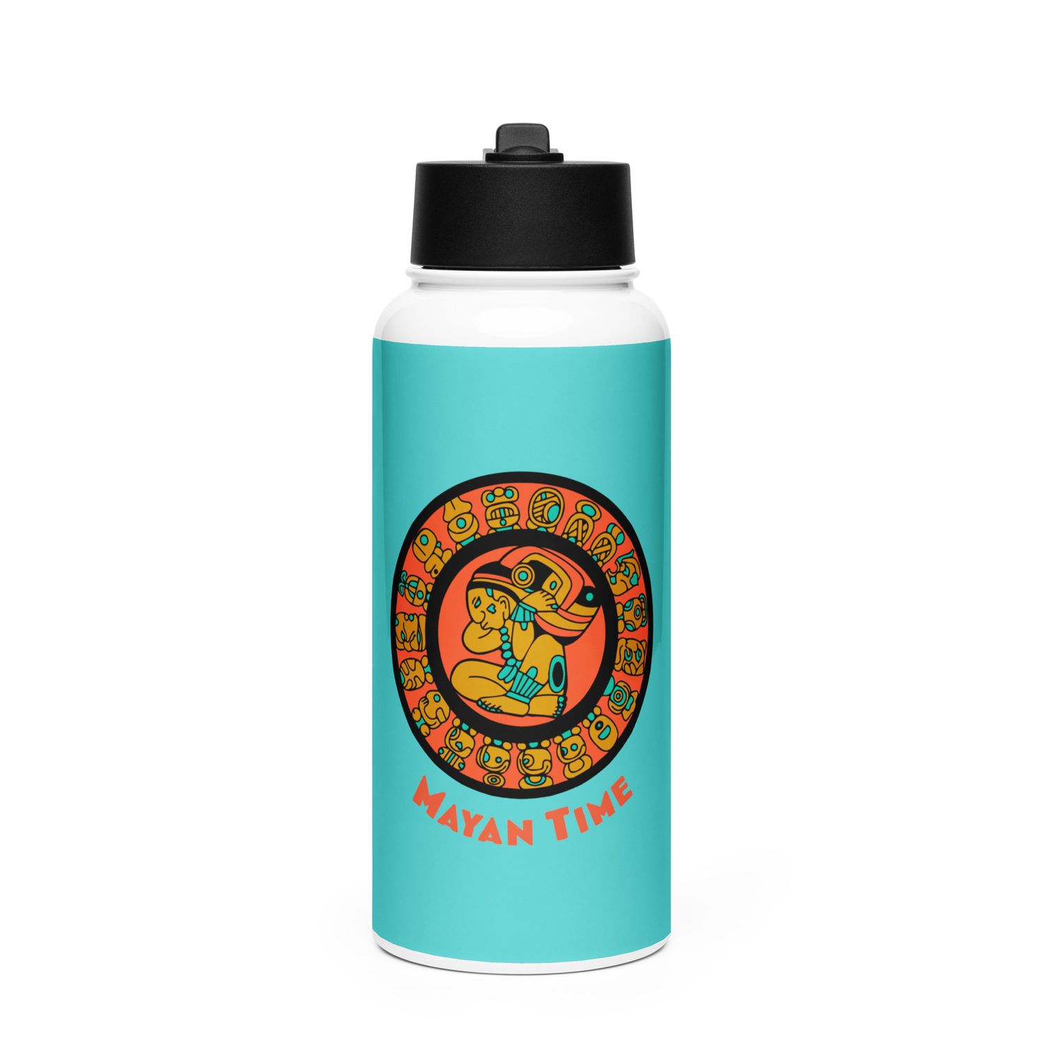 Stainless steel water bottle with a straw lid. Mayan Calendar, Wheel of Time design