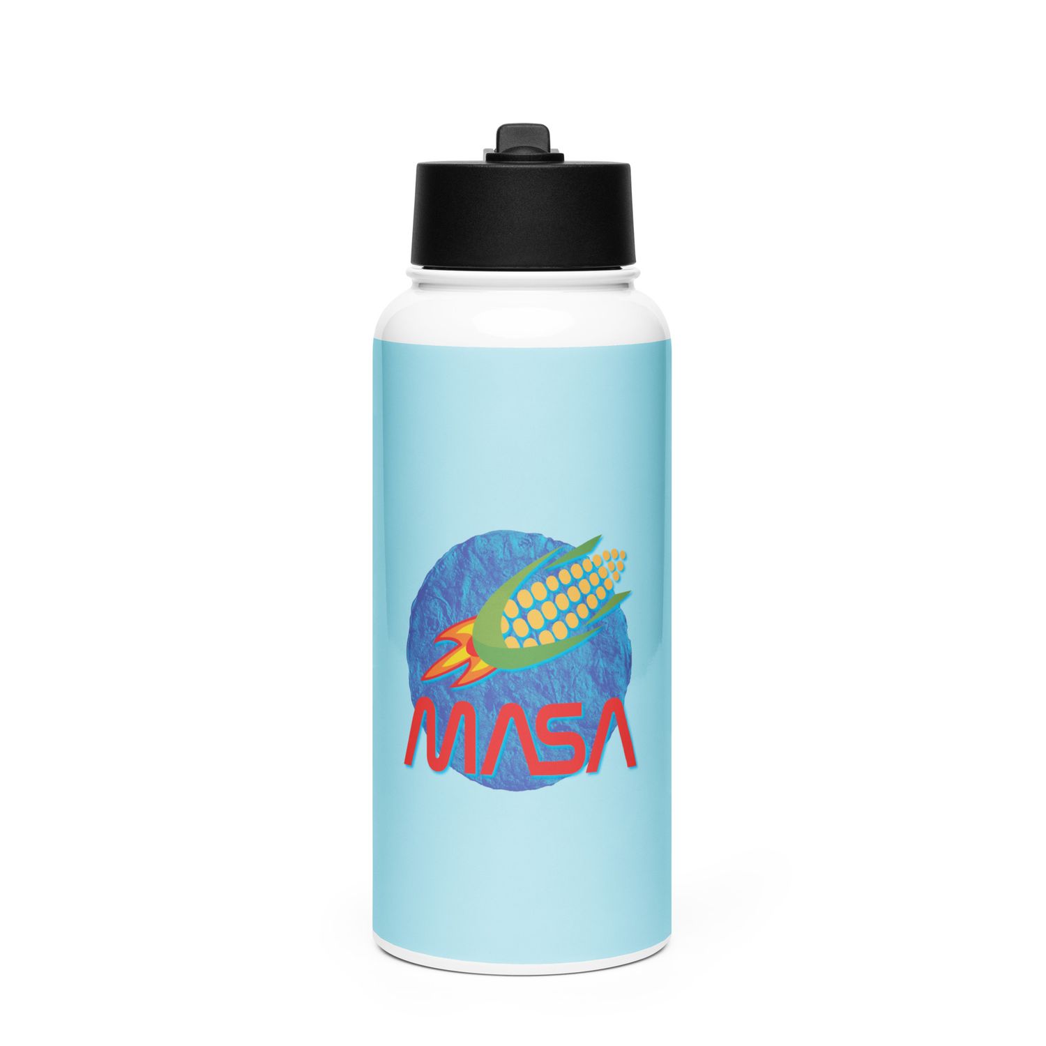 MASA Spaceship Stainless steel water bottle with a straw lid.