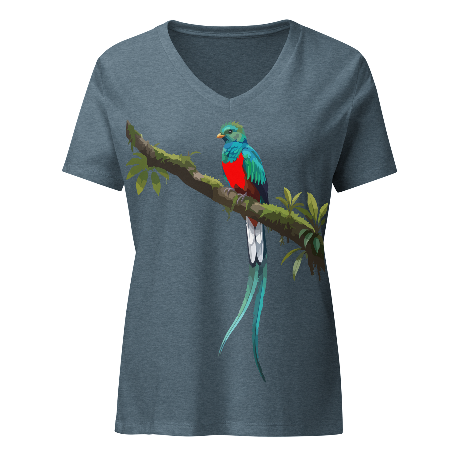 Quetzal bird over my heart, women’s relaxed v-neck t-shirt