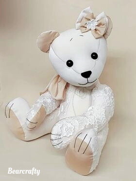 Bear made from a  Wedding gown keepsake bear