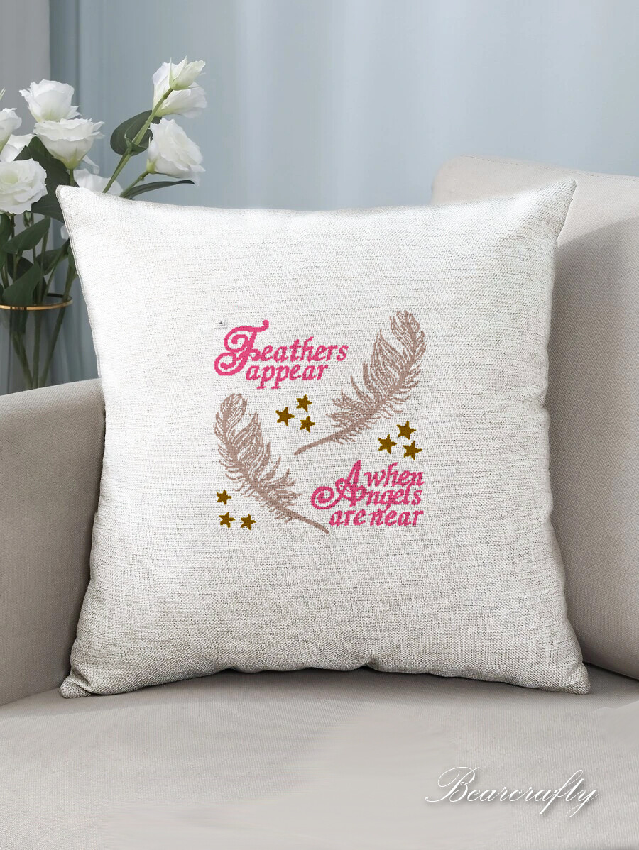 Memorial cushion cover embroidered Feathers are near Poem