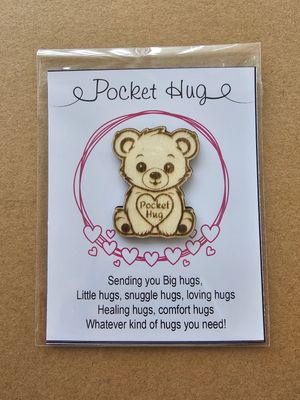 Pocket hug woodcut engraved teddybear