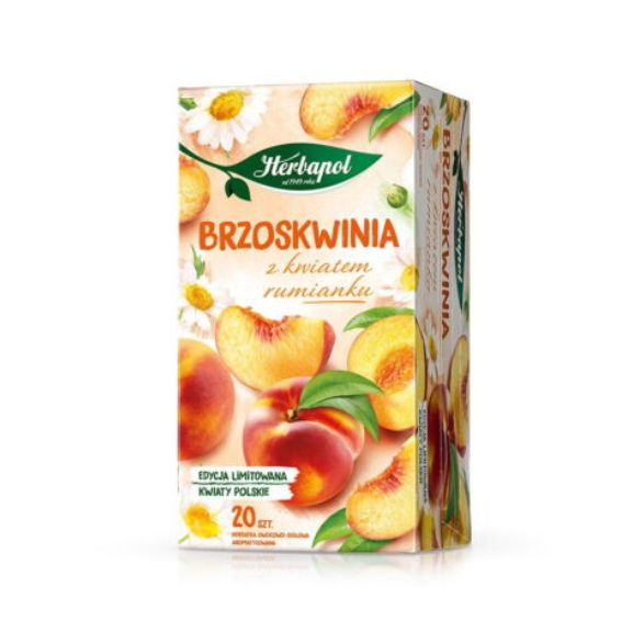 Peach with chamomile flowers  Flavoured fruit and herbal tea.