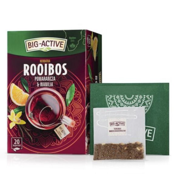 Rooibos Orange &amp; Vanilla.  Flavoured red bush tea with orange and vanilla, in tea bags.