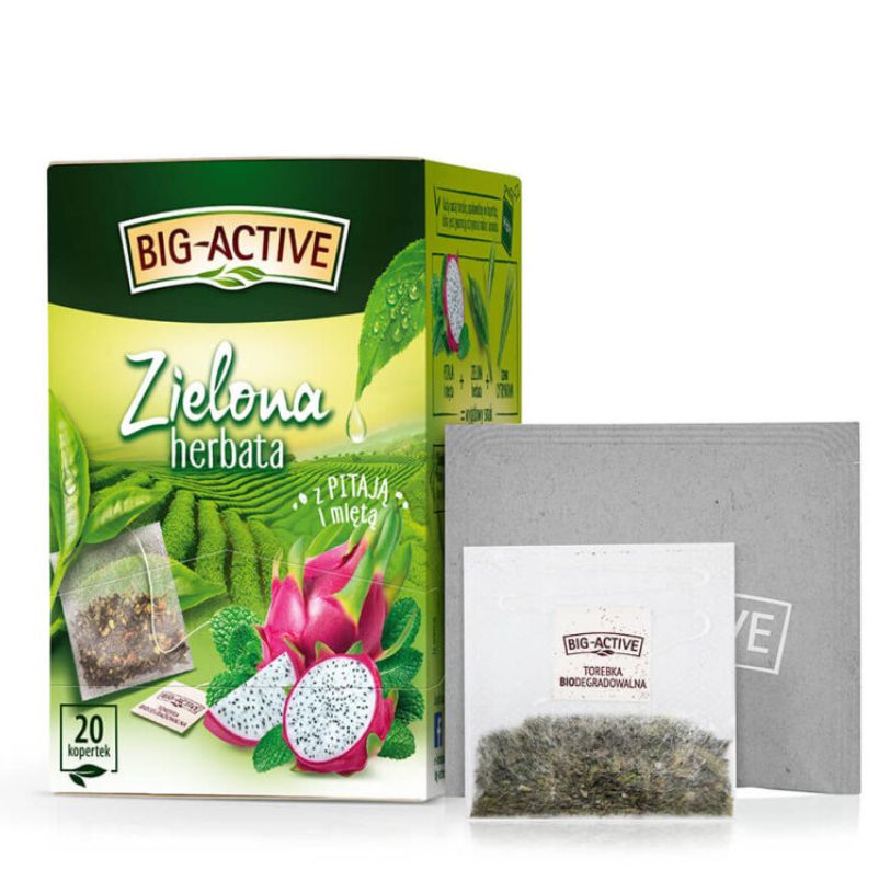 Green tea pitaya and mint  Flavoured green tea with added herbs and fruits, in teabags.