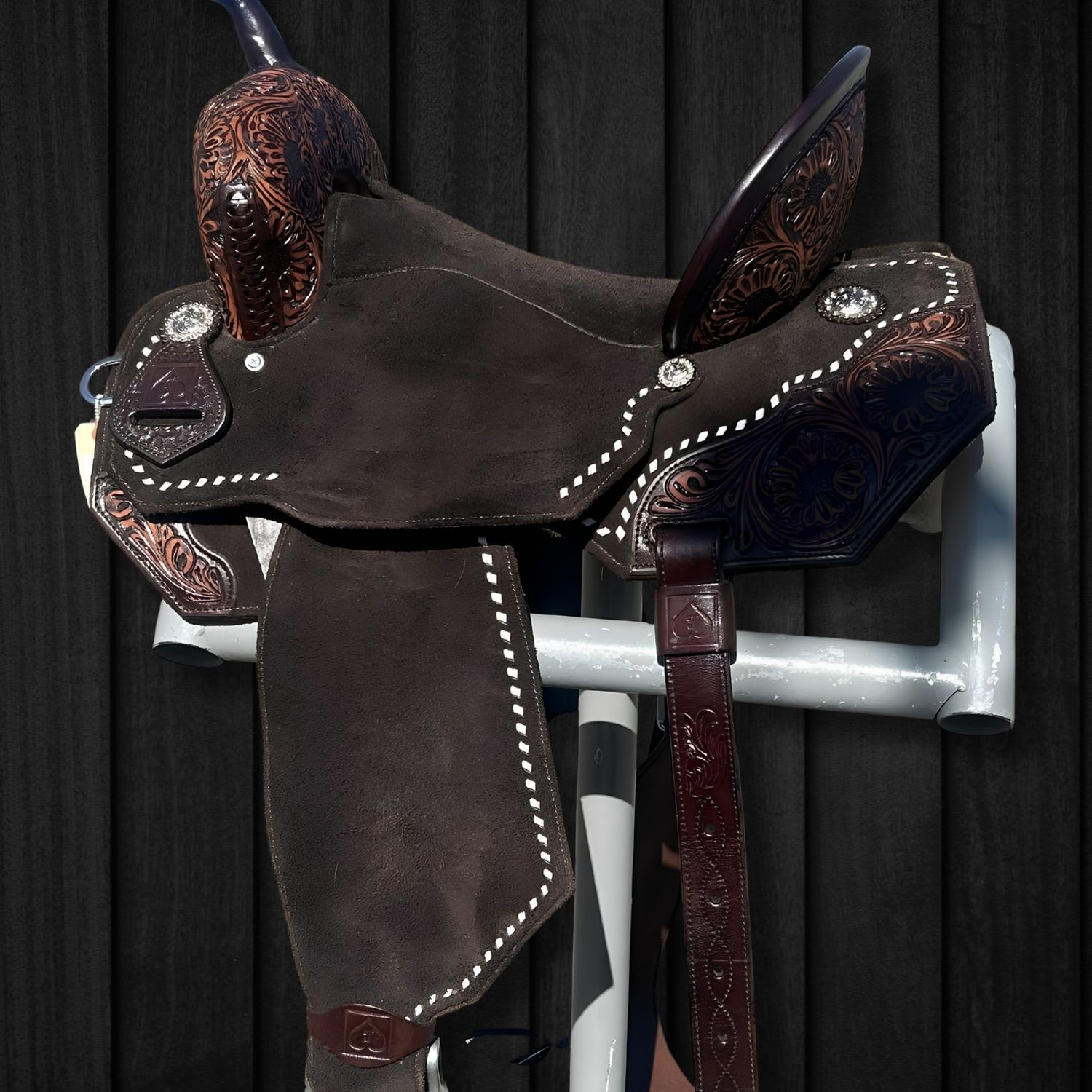 Josh Andrews Chocolate Brown Barrel Saddle with Sunflower Tooling 15