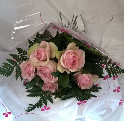 Wrap of 6 coloured roses with foliage