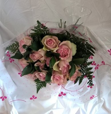 Wrap of 12 coloured roses with foliage