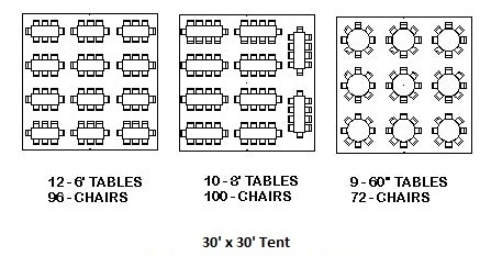30 x 30 Frame Tent Package 12 Banquet Tables & 100 Black Chairs Included