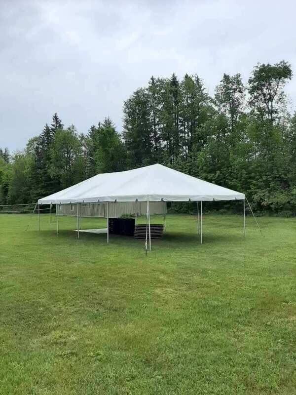 20 x 40 Frame Tent Package 10 Banquet Tables & 75 Black Chairs Included