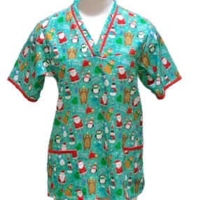 Xmas Scrub Tops -Jade/Red trim
