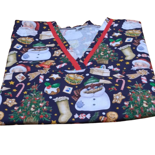 Xmas Scrub Tops -Navy-red trim-M