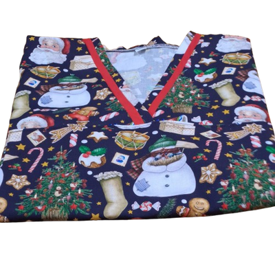 Xmas Scrub Tops -Navy-red trim-M