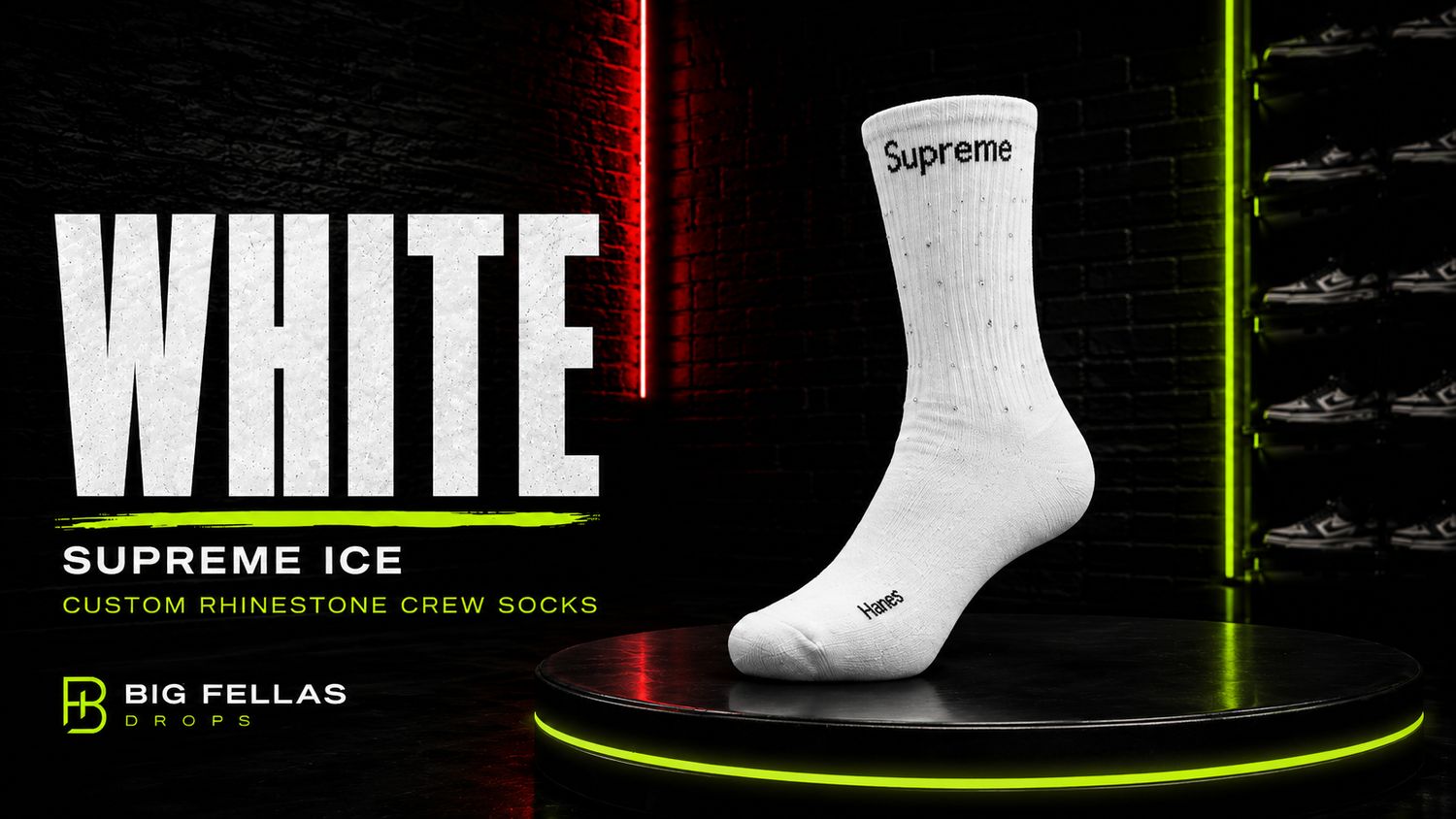 SUPREME ICE — CUSTOM RHINESTONE CREW SOCKS, name: White