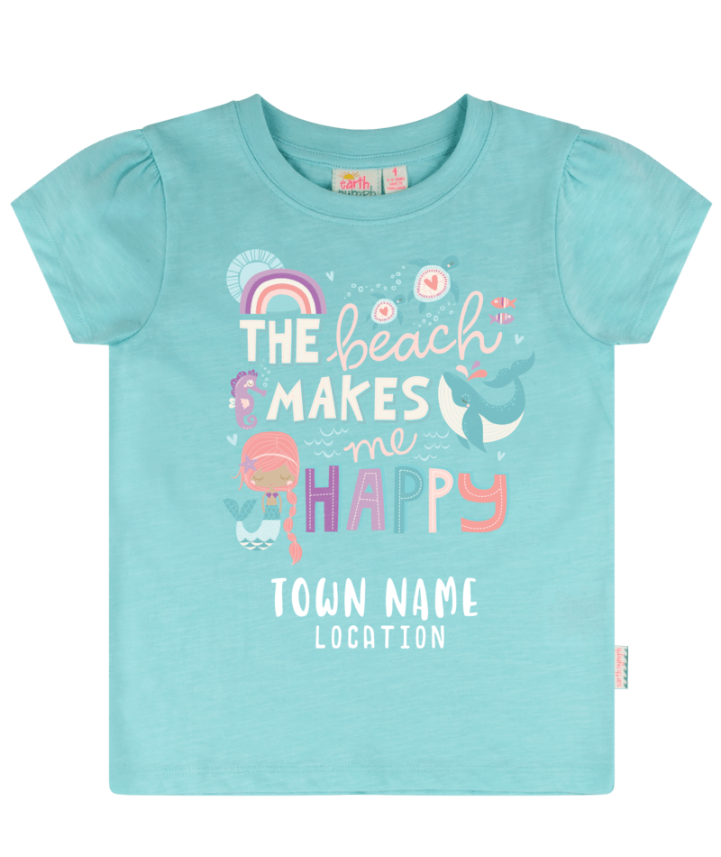EARTH NYMPH Girls' T-Shirt - Happy Beach - Aqua, Colour: Aqua, Size: 8