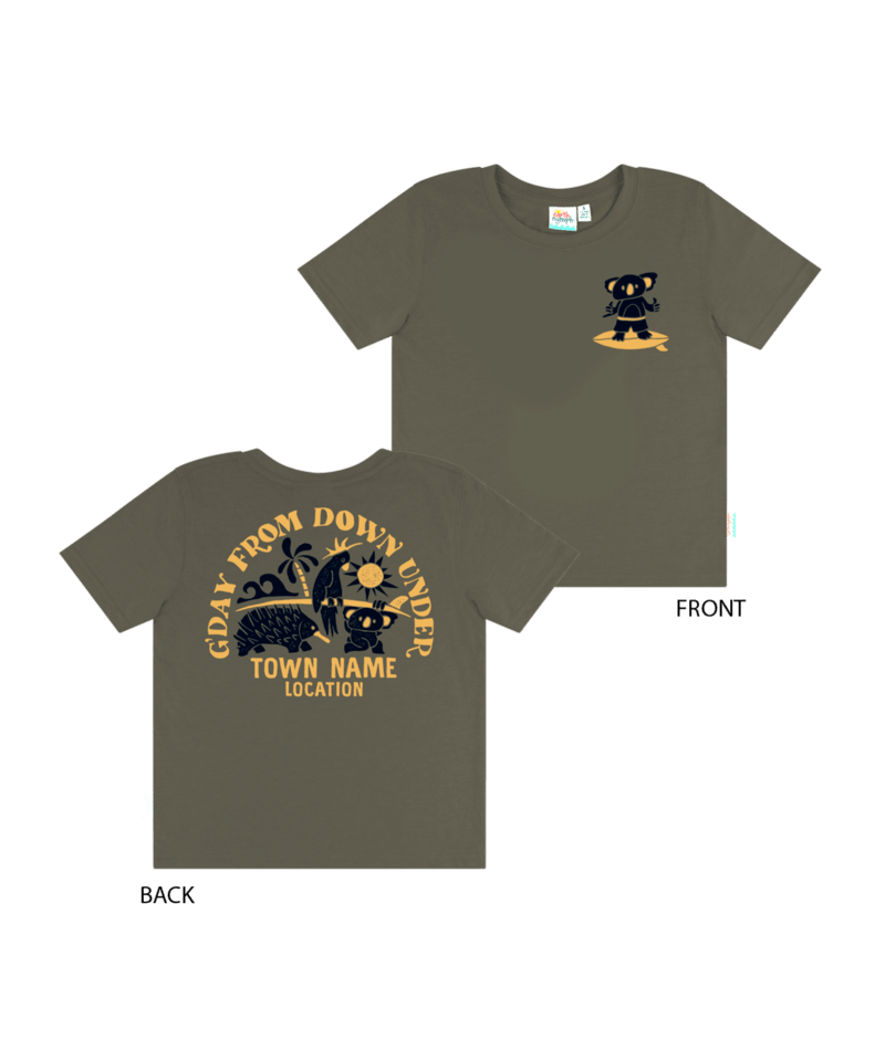 EARTH NYMPH Boys' T-Shirt - Oz Surfs Up - Olive, Colour: Olive, Size: 10