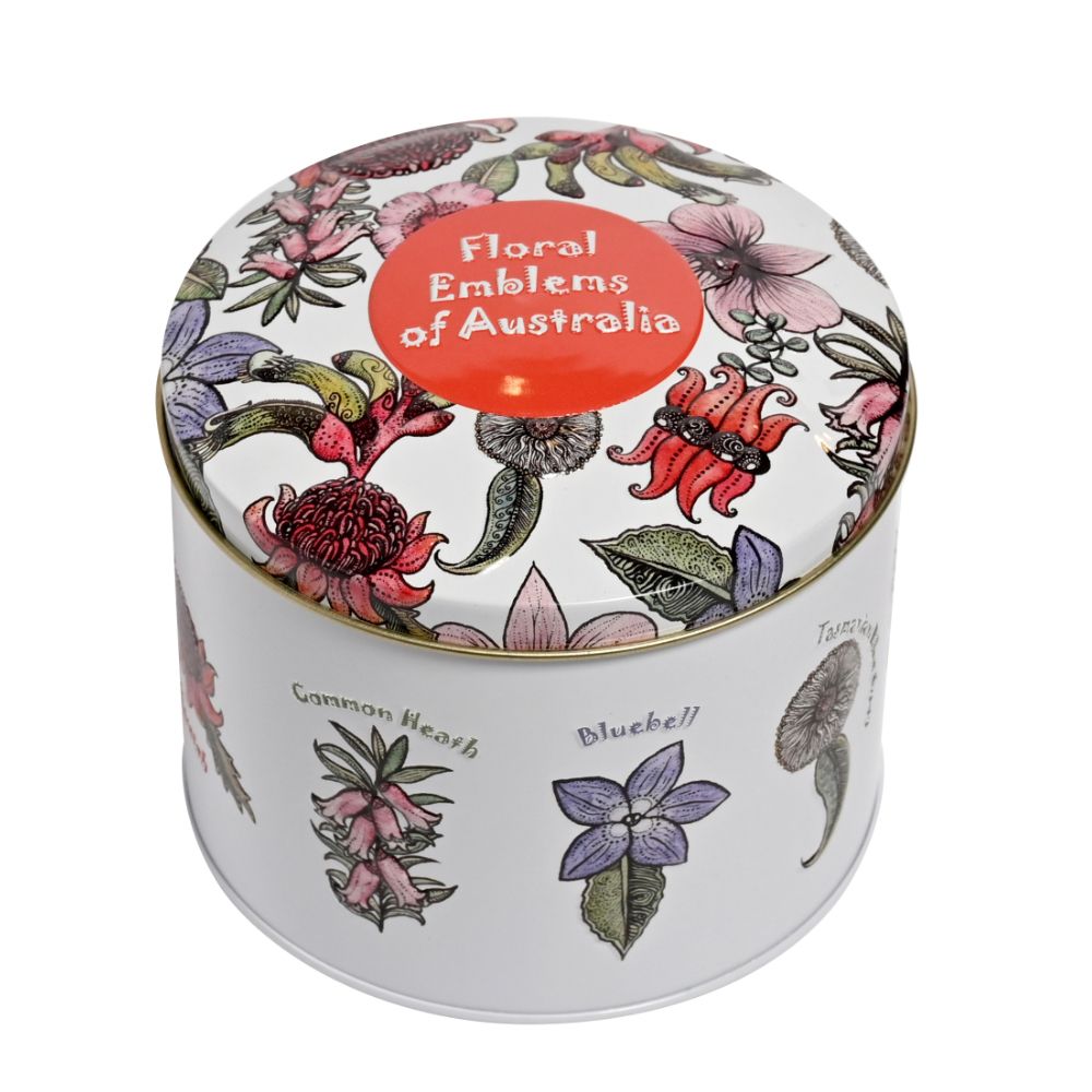 BANKSIA RED Floral Emblems of Australia Tin with 200g of Milk Chocolate Coated Fruit and Nut Mix