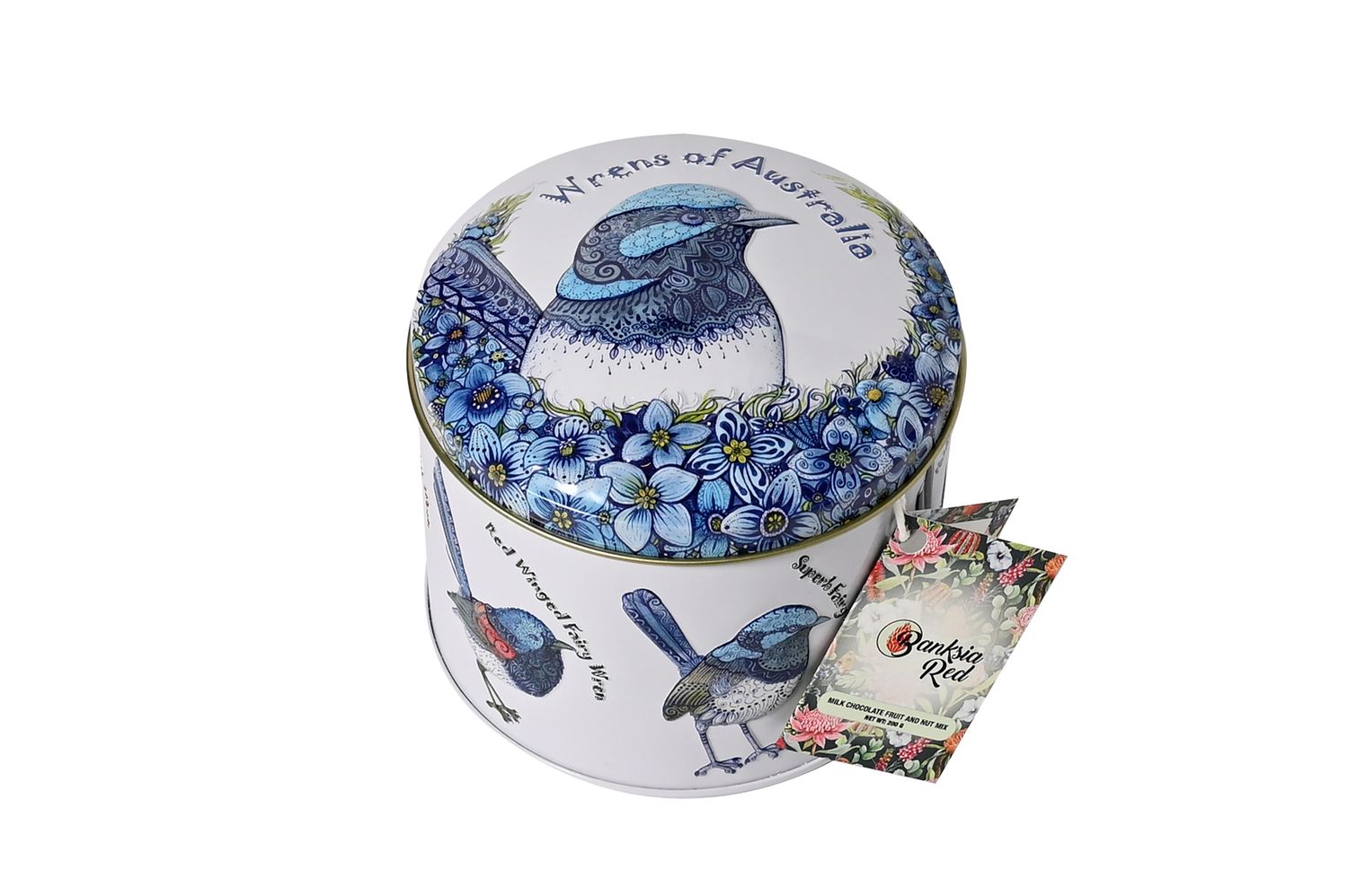 BANKSIA RED Wrens of Australia Tin with 200g of Milk Chocolate Coated Fruit and Nut Mix