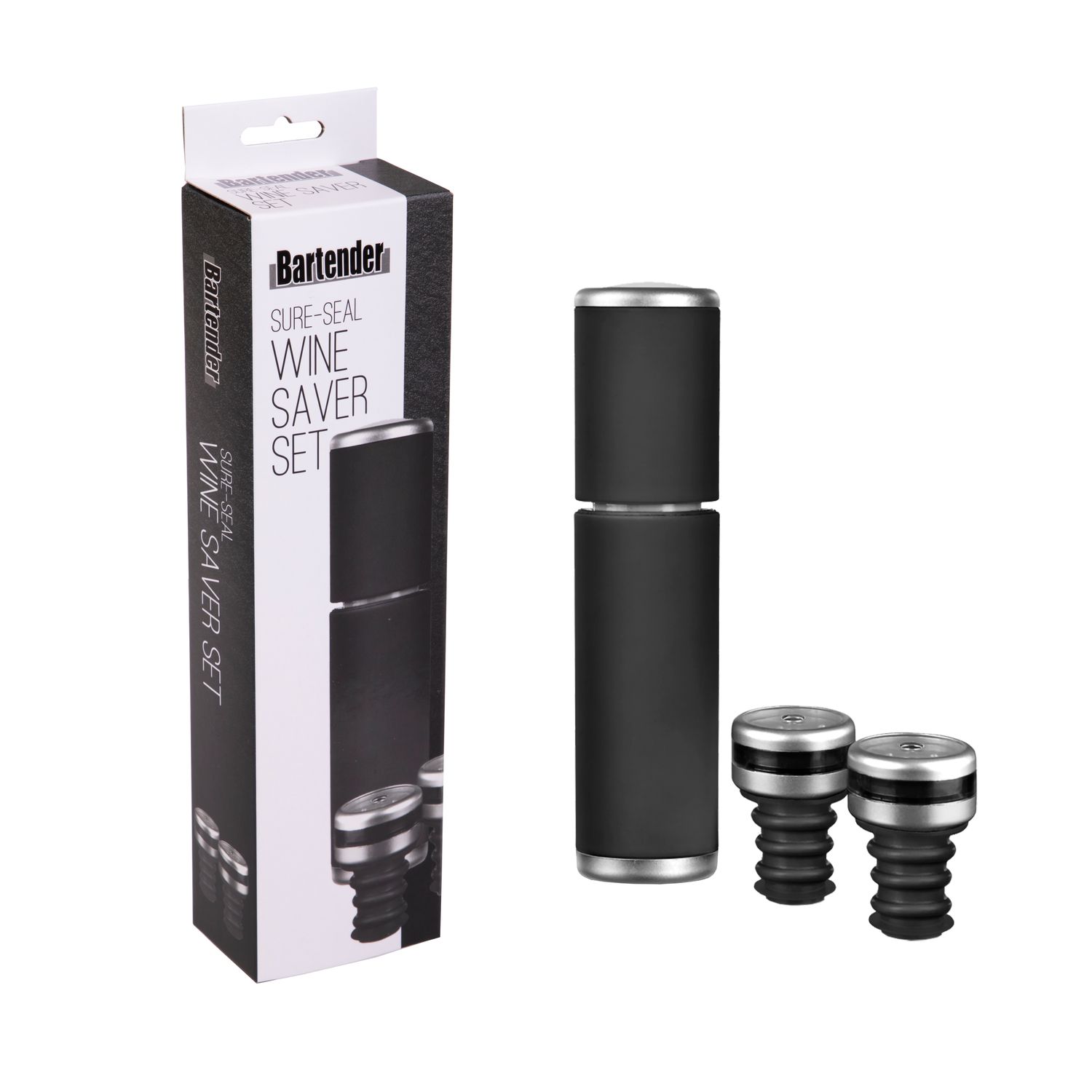 BARTENDER "Sure - Seal" Wine Saver Set - Black