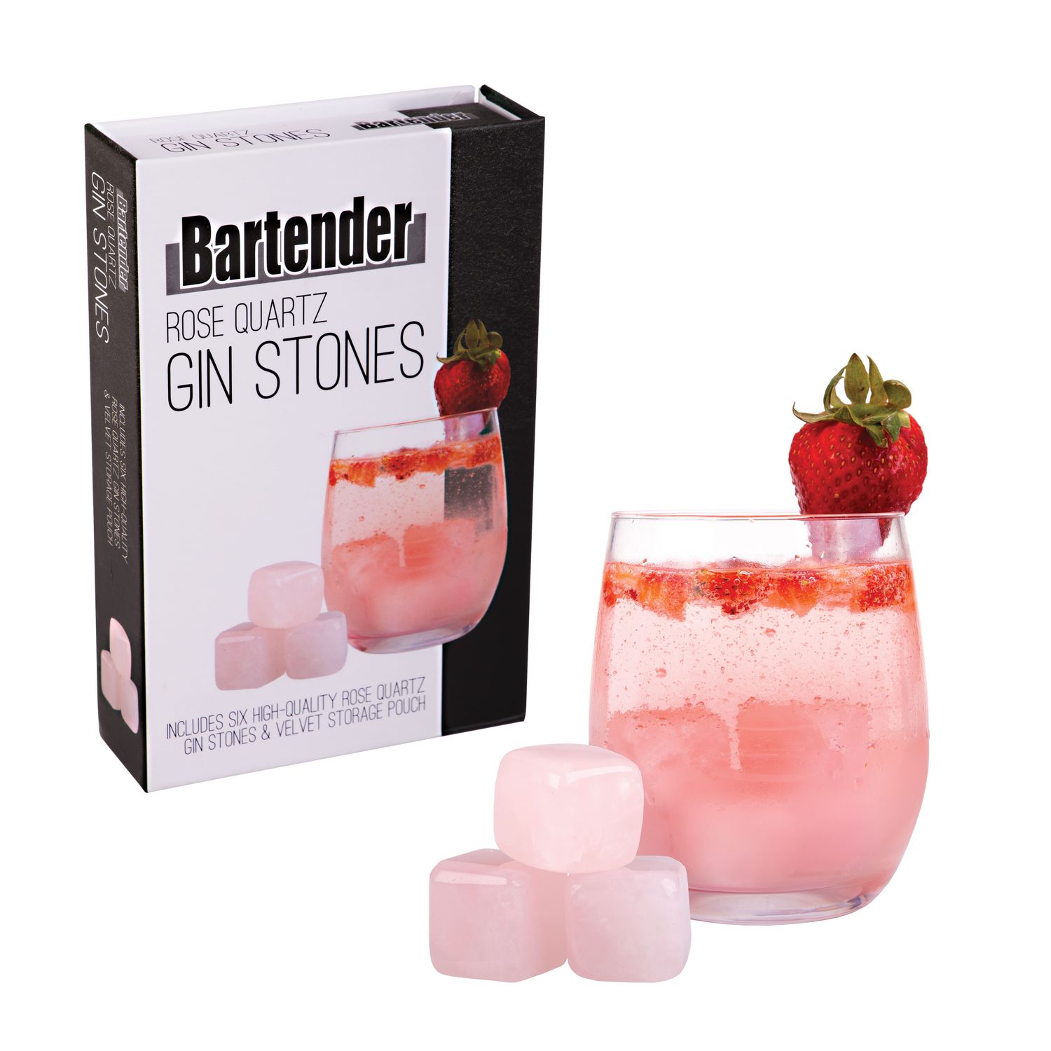BARTENDER Rose Quartz Gin Stones with Storage Bag - Set of 6