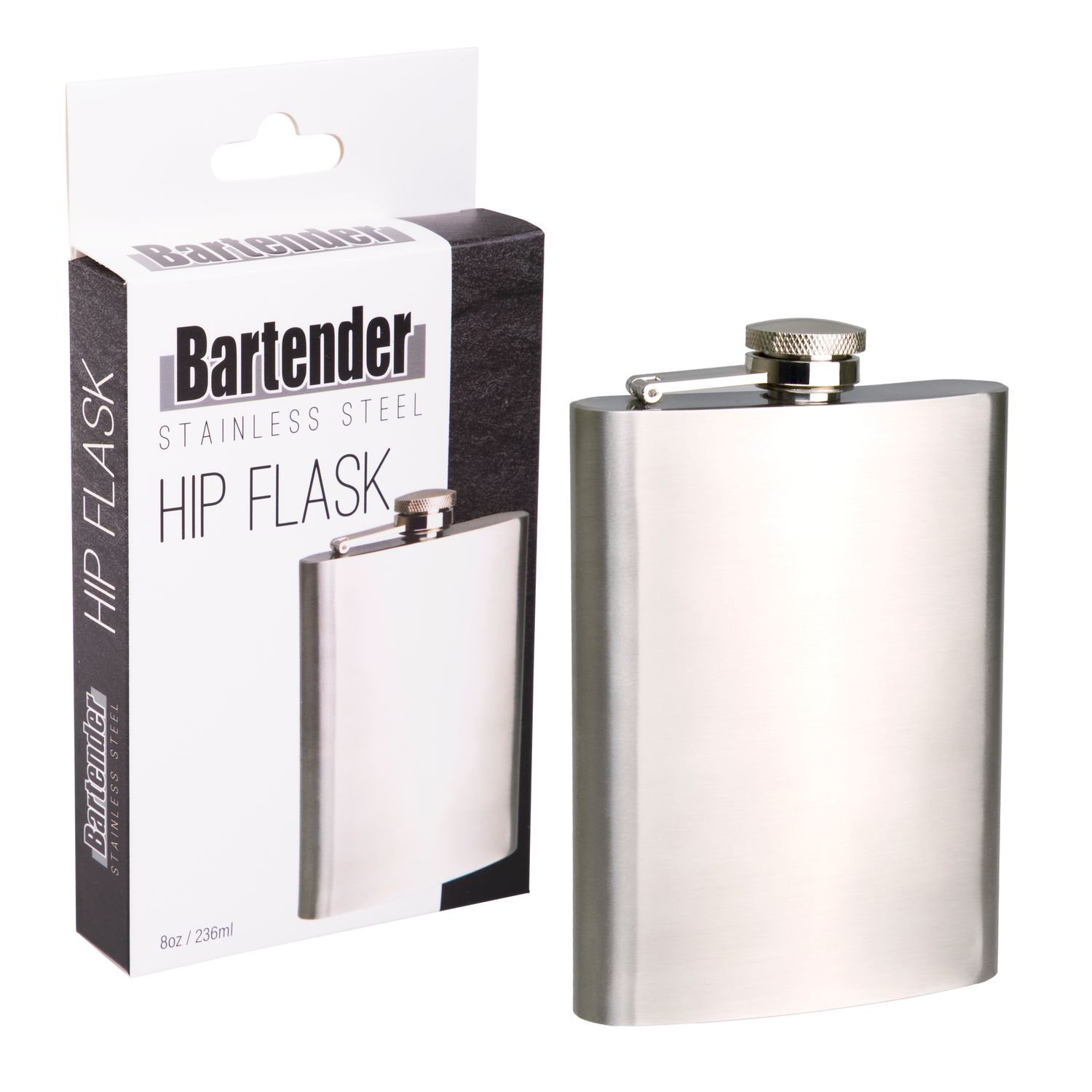 BARTENDER Stainless Steel Hip Flask - Satin - 8oz / 236ml