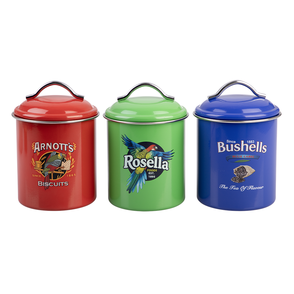 ROJO ENAMELWARE Rojo Imports - Arnotts, Bushells &amp; Rosella Canister Set of 3 - Red/Green/Blue