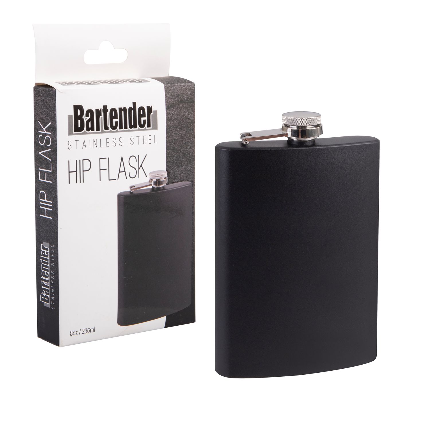 BARTENDER Stainless Steel Hip Flask - Matte Black - 8oz / 236ml
