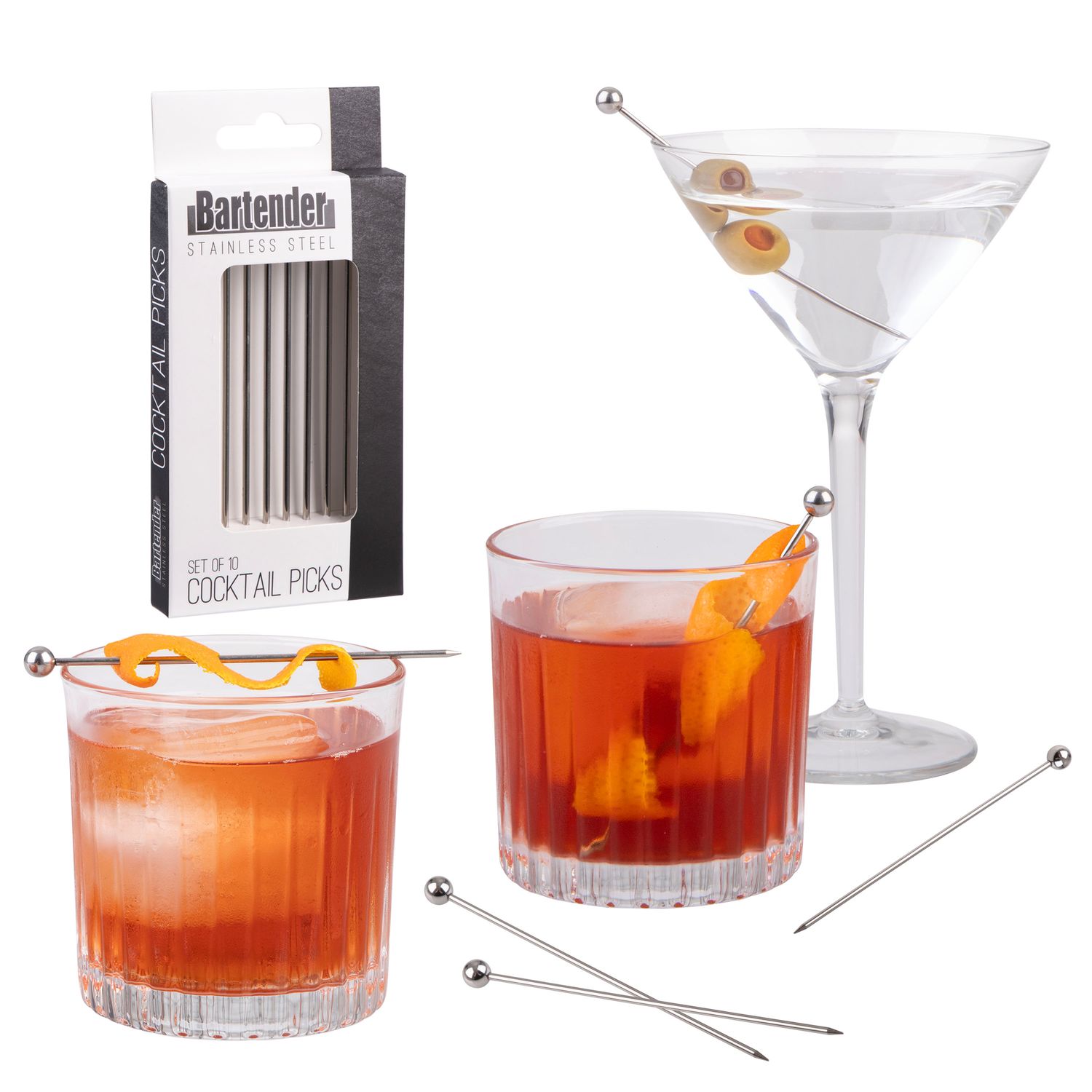 BARTENDER Stainless Steel Cocktail Picks - Set of 10
