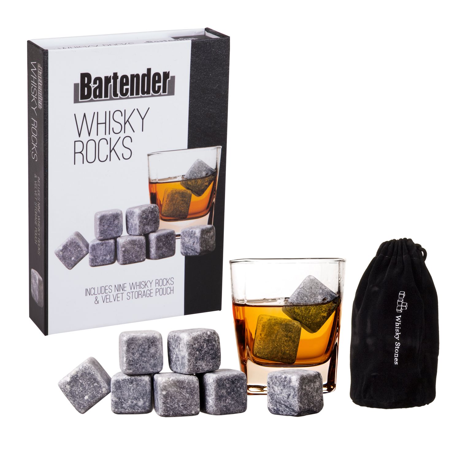 BARTENDER Whisky Rocks with Storage Bag - Set of 9