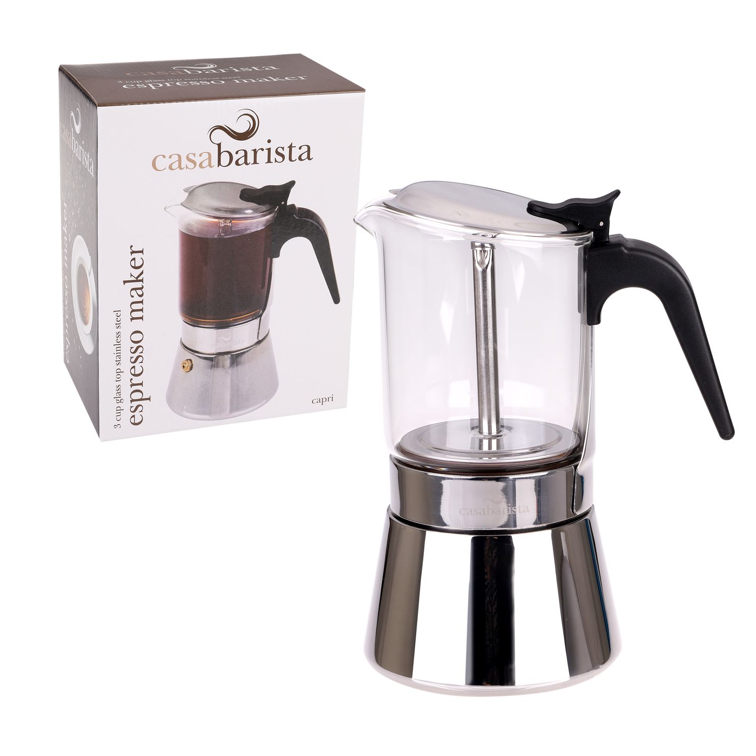 CASABARISTA "Capri" 6 Cup Glass Top Stainless Steel Espresso Maker