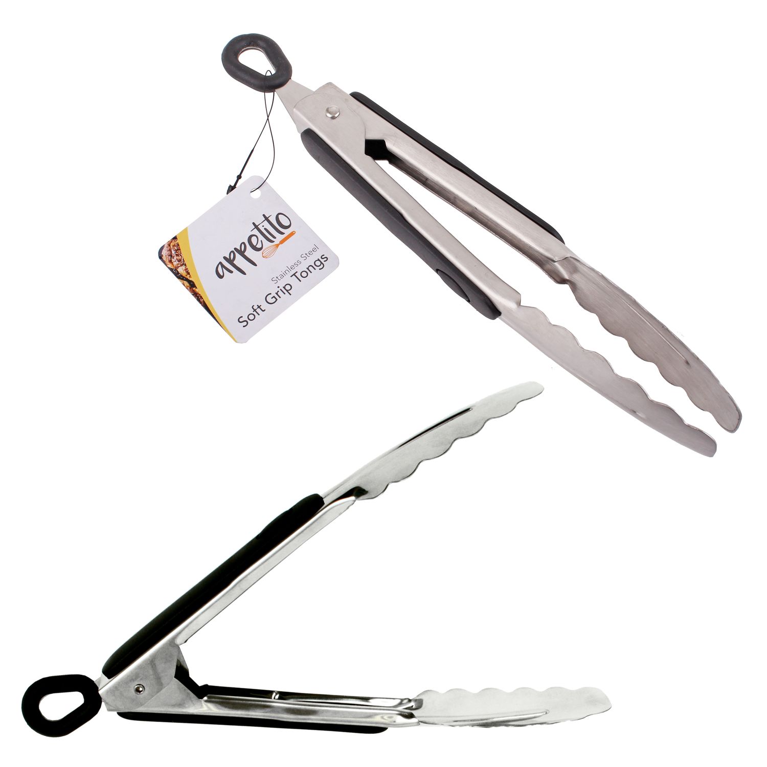 APPETITO Heavy Duty Stainless Steel Tongs w/ Rubber Grip and Locking Ring 20cm