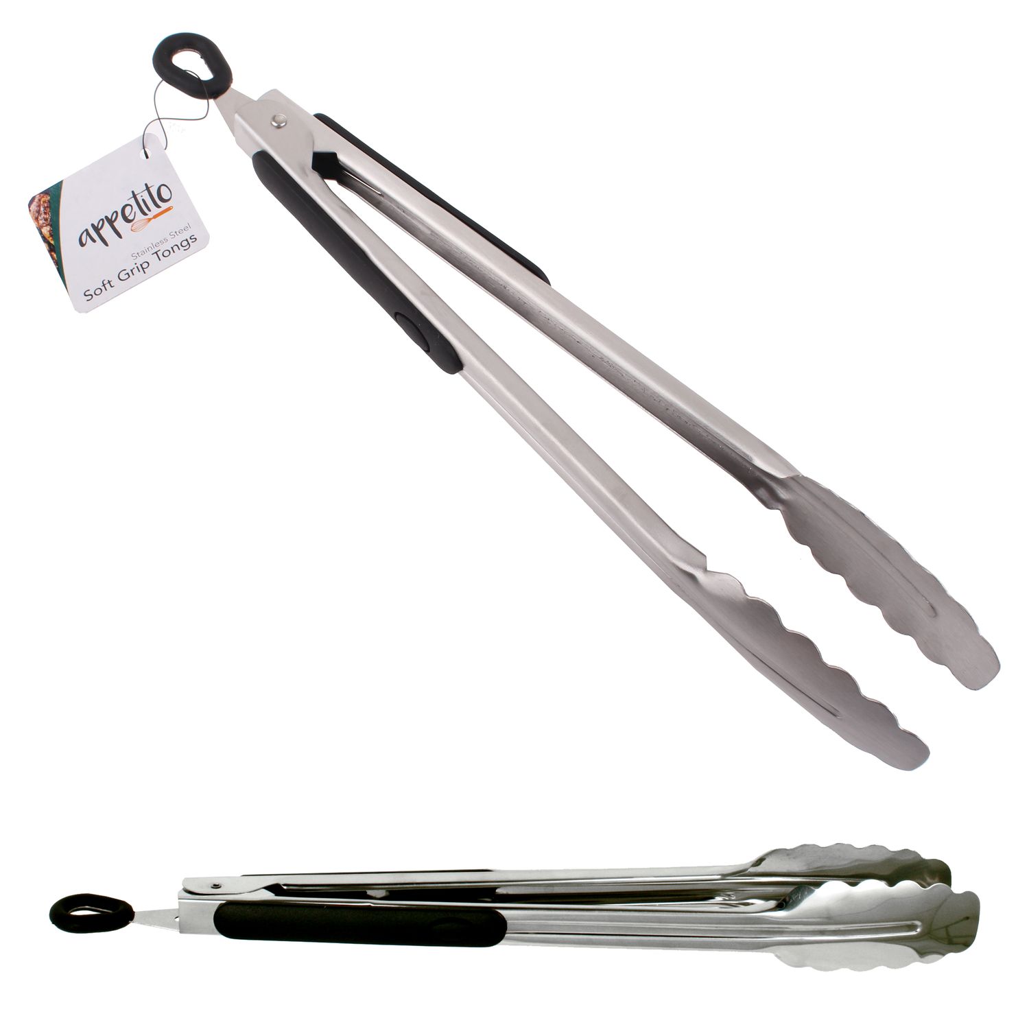 APPETITO Heavy Duty Stainless Steel Tongs w/ Rubber Grip and Locking Ring 30cm