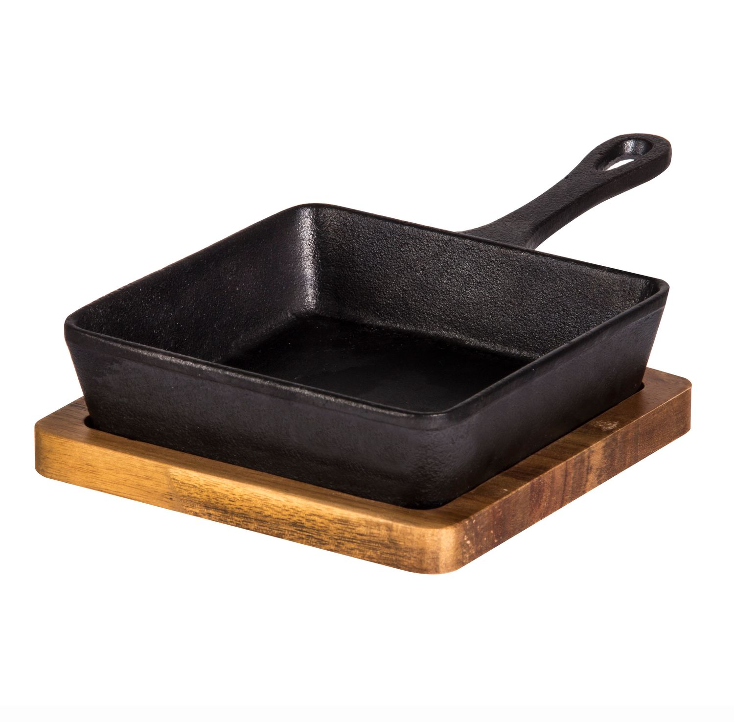 DAVIS &amp; WADDELL Fine Foods Square Cast Iron Skillet With Acacia Trivet Black &amp; Natural 23.5x14x4cm
