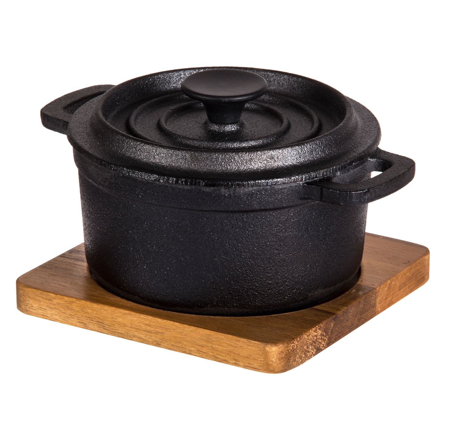 DAVIS &amp; WADDELL Fine Foods Cast Iron Pot With Lid &amp; Acacia Trivet Black &amp; Natural 18.5x14x7.6cm